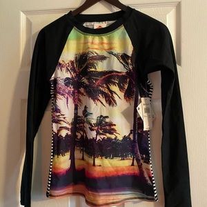 Roxy rash guard with palm trees and stripes